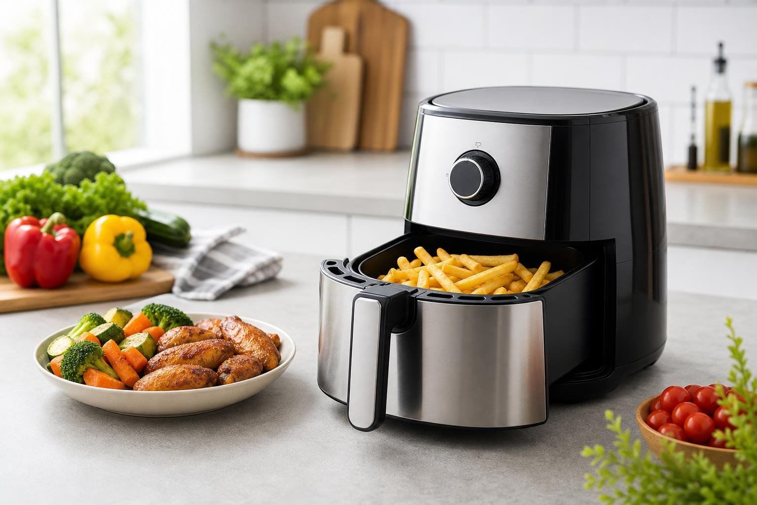 Air fryer on a kitchen counter with vegetables and fries