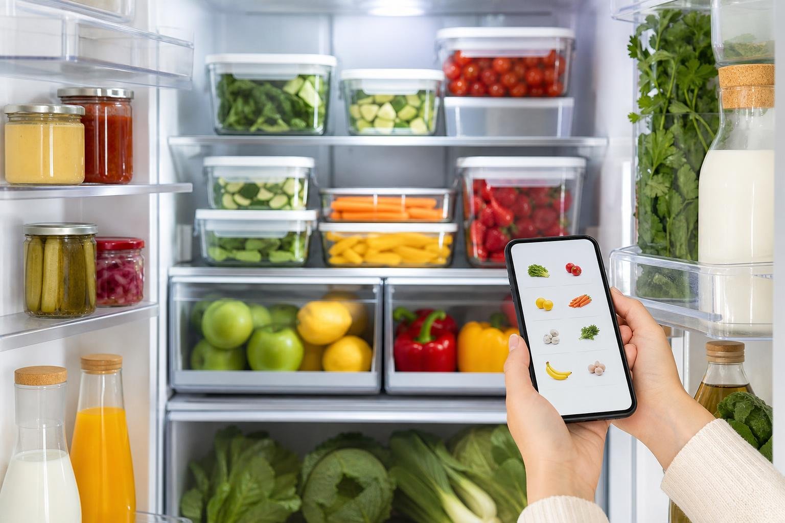 Organised fridge with airtight containers and a grocery list on a phone