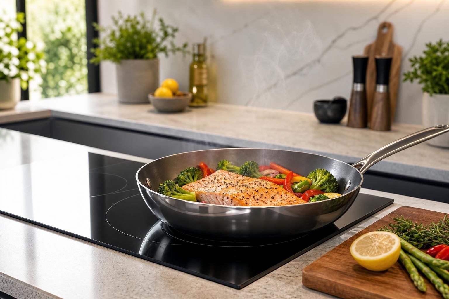 Stainless steel pan with salmon and vegetables on an induction cooktop