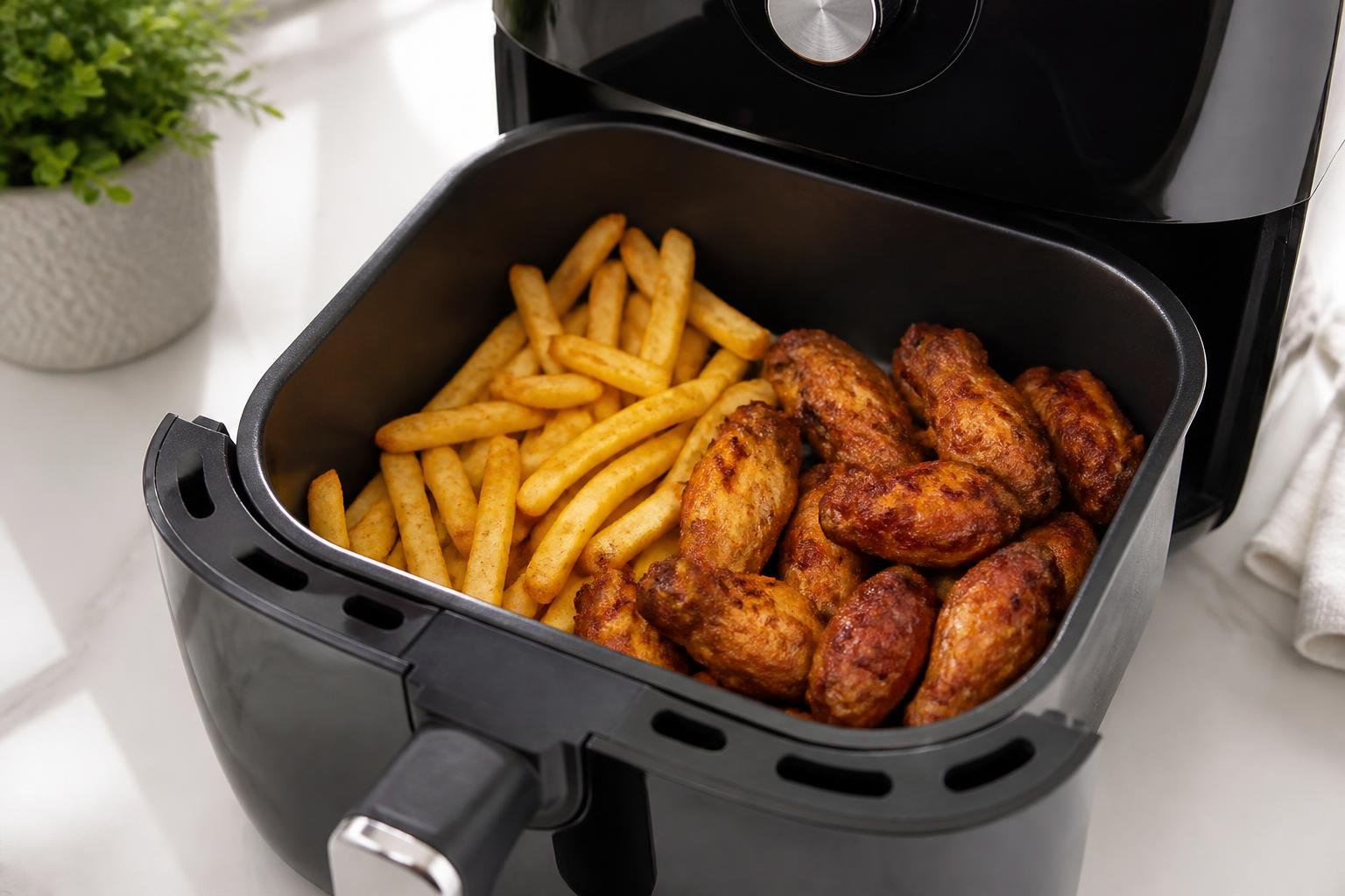 Crispy french fries and chicken wings in an open air fryer basket