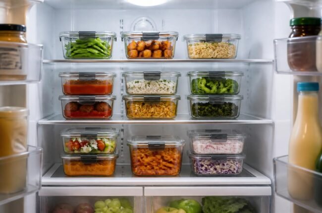 Open refrigerator with neatly stored leftover containers