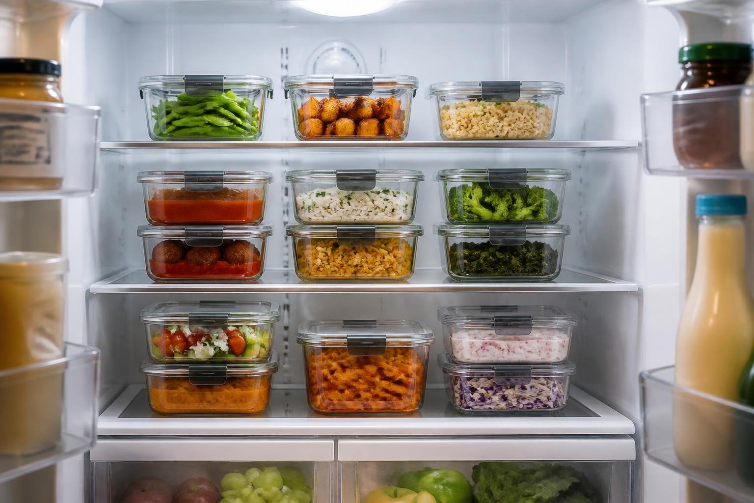 Open refrigerator with neatly stored leftover containers