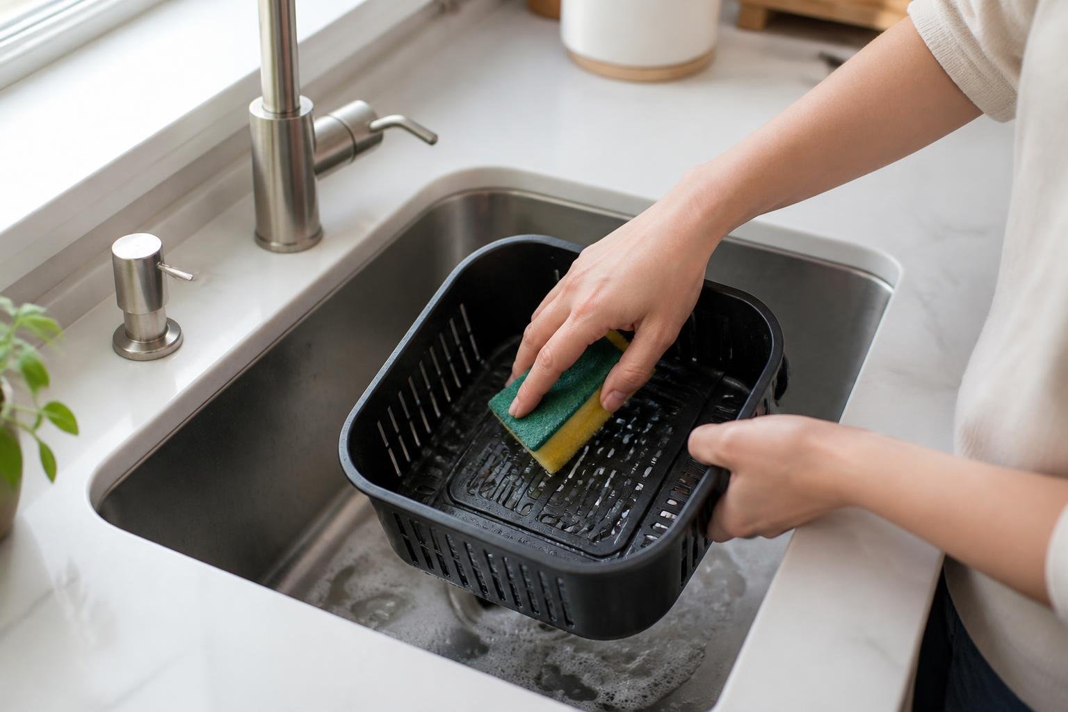 Person washing an air fryer basket with a sponge in a kitchen sink