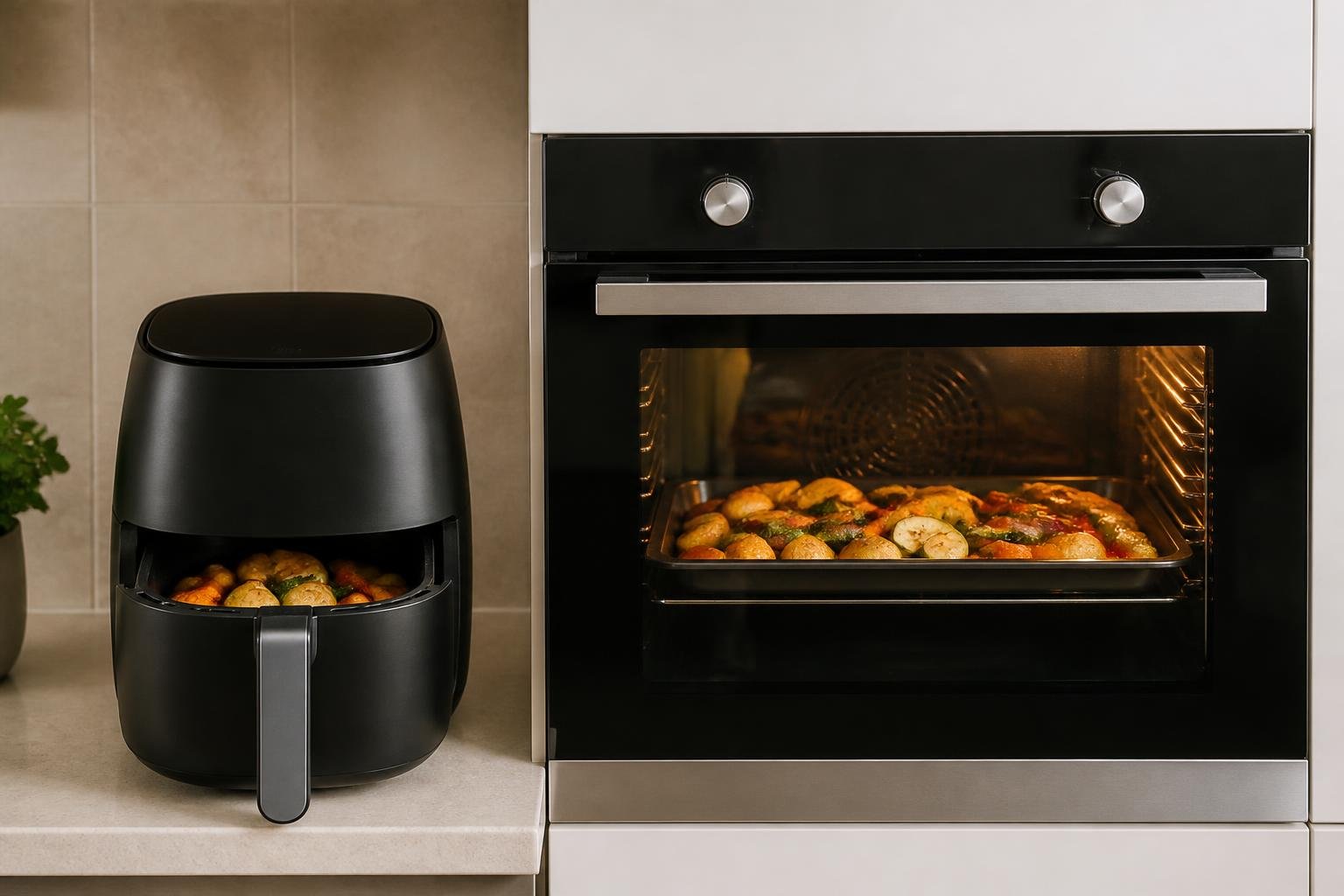 Air fryer and built-in oven side by side with roasted vegetables