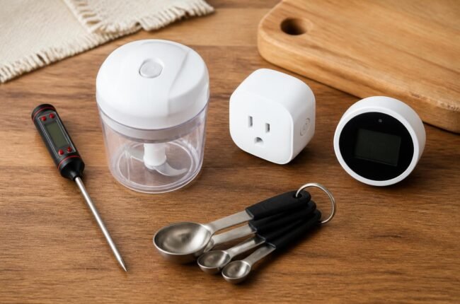 Flat lay of budget kitchen gadgets including a thermometer, chopper and smart plug