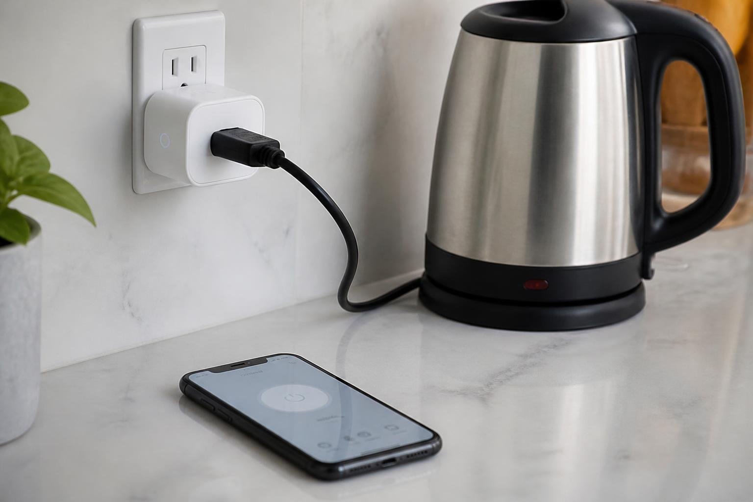Smart plug connected to an electric kettle with a phone app beside it