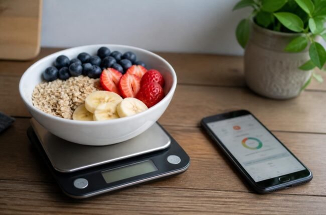 Digital kitchen scale with a bowl of oats and fruit next to a phone with a food tracking app