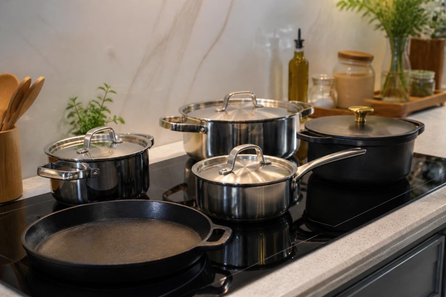 Stainless steel and cast iron cookware on an induction cooktop