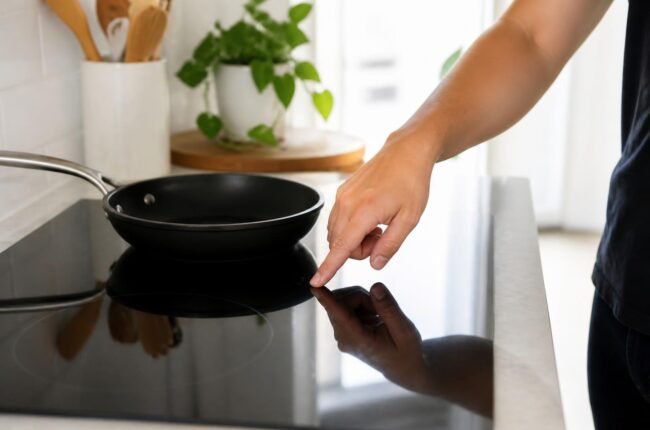 Person touching an induction cooktop surface beside a pan