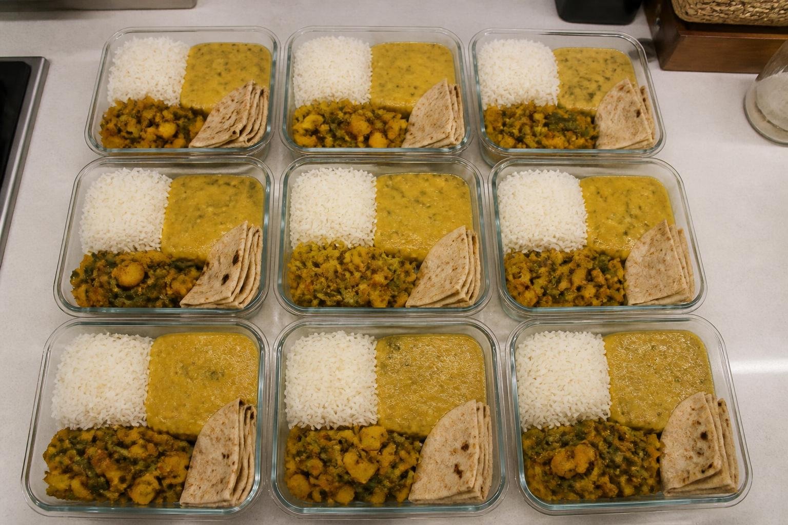 Glass meal prep containers with rice, dal, sabzi and chapati
