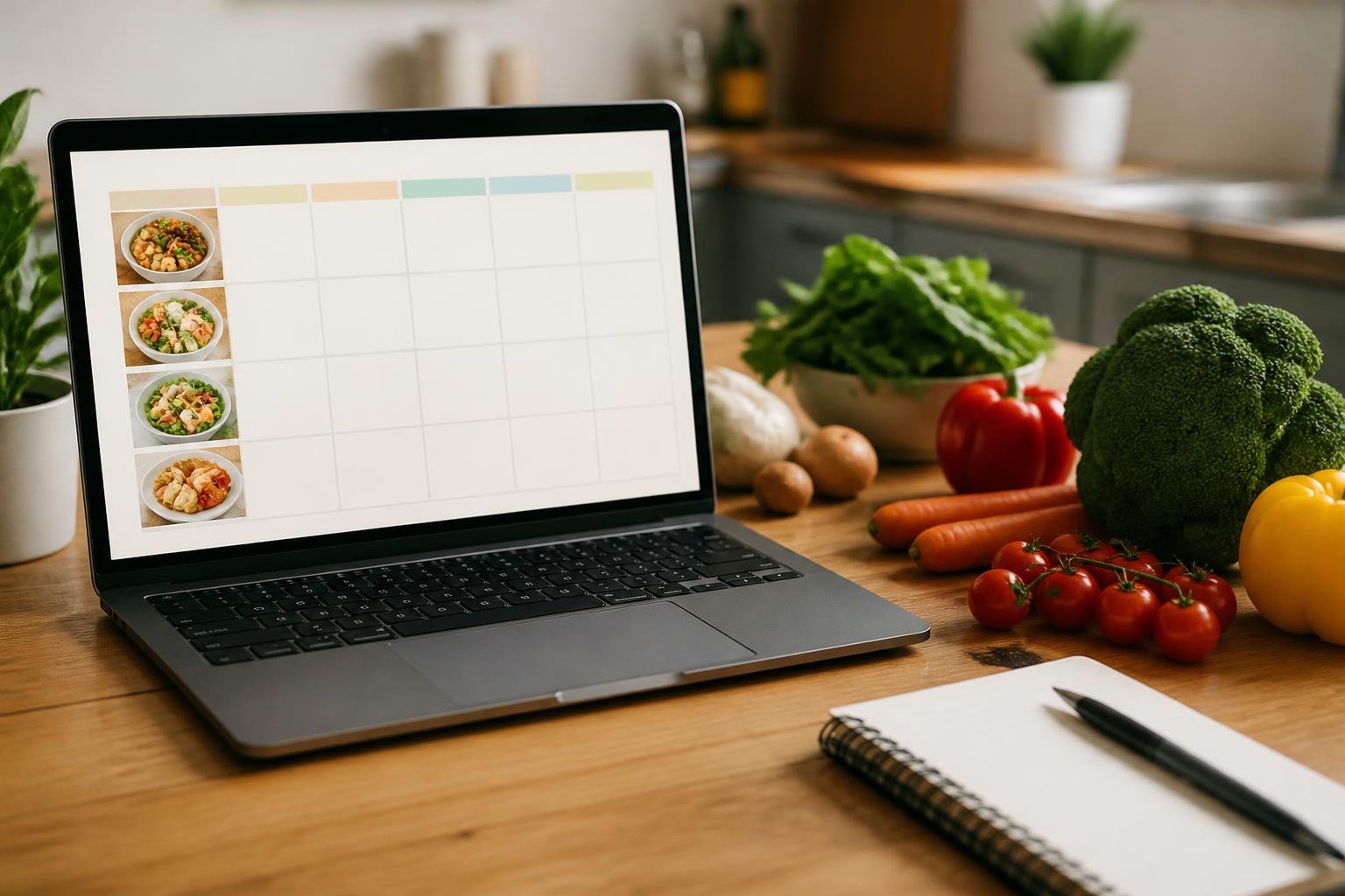 Laptop showing a weekly meal plan beside fresh vegetables and a notebook