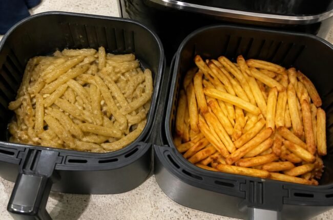 Soggy air fryer fries next to a batch of perfectly crispy fries