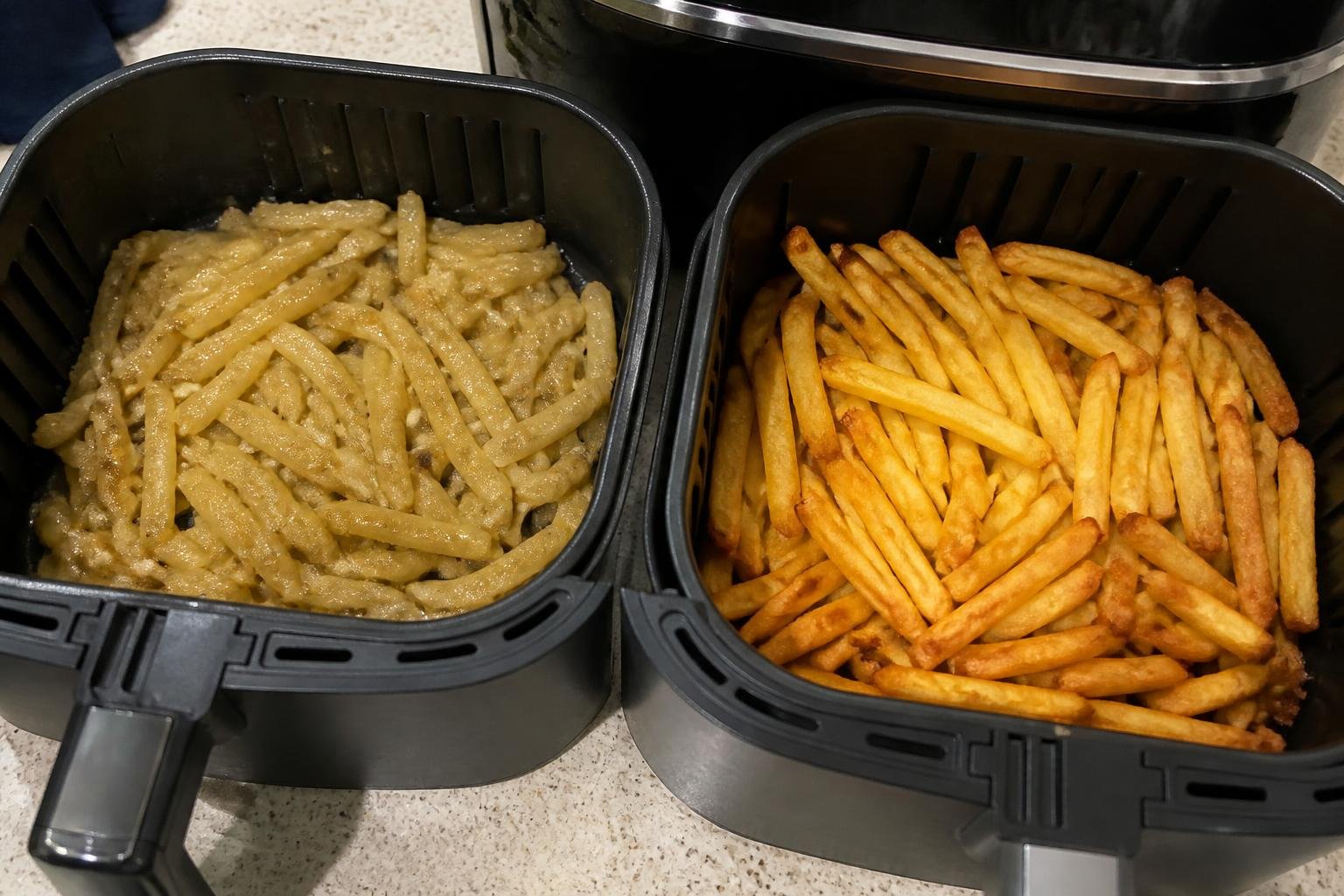 Soggy air fryer fries next to a batch of perfectly crispy fries