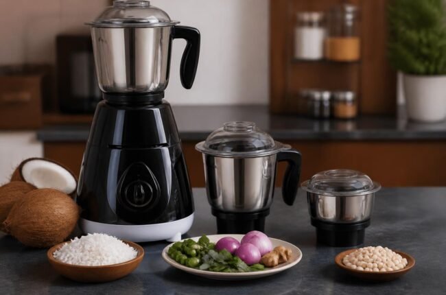 Black mixer grinder with steel jars beside coconut and chutney ingredients