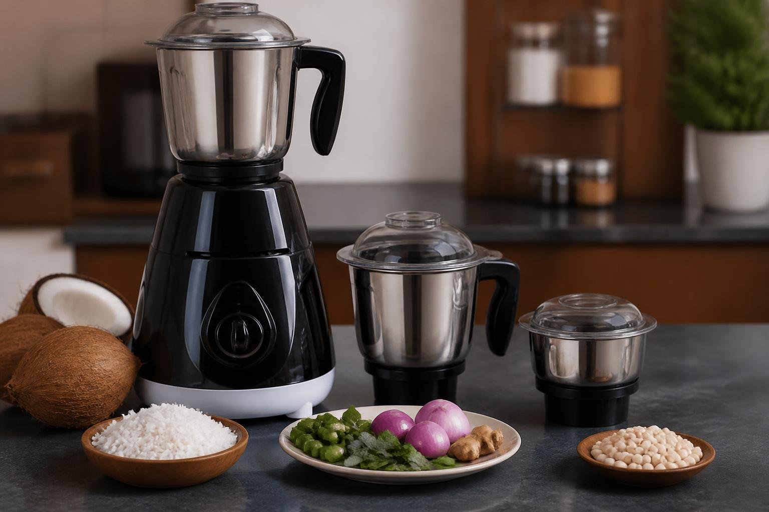 Black mixer grinder with steel jars beside coconut and chutney ingredients