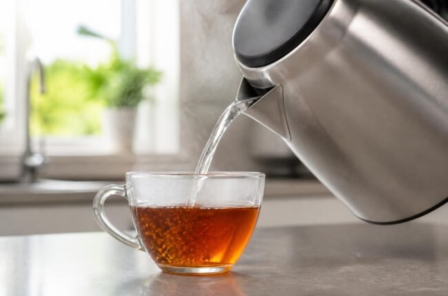 Stainless steel electric kettle pouring hot water into a glass cup of tea