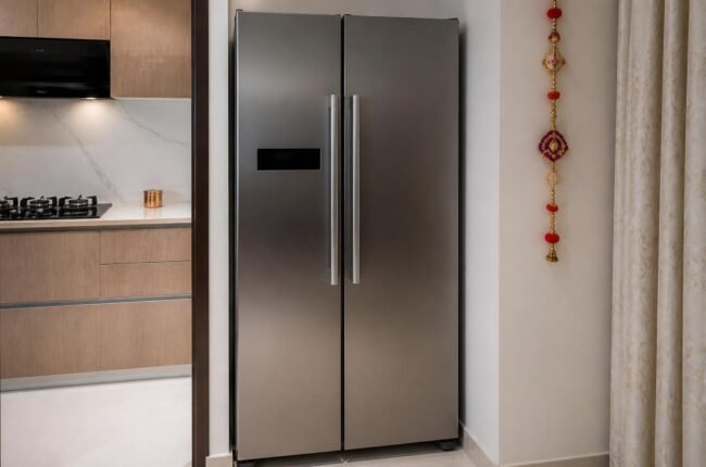 Modern double door refrigerator in a clean Indian home kitchen