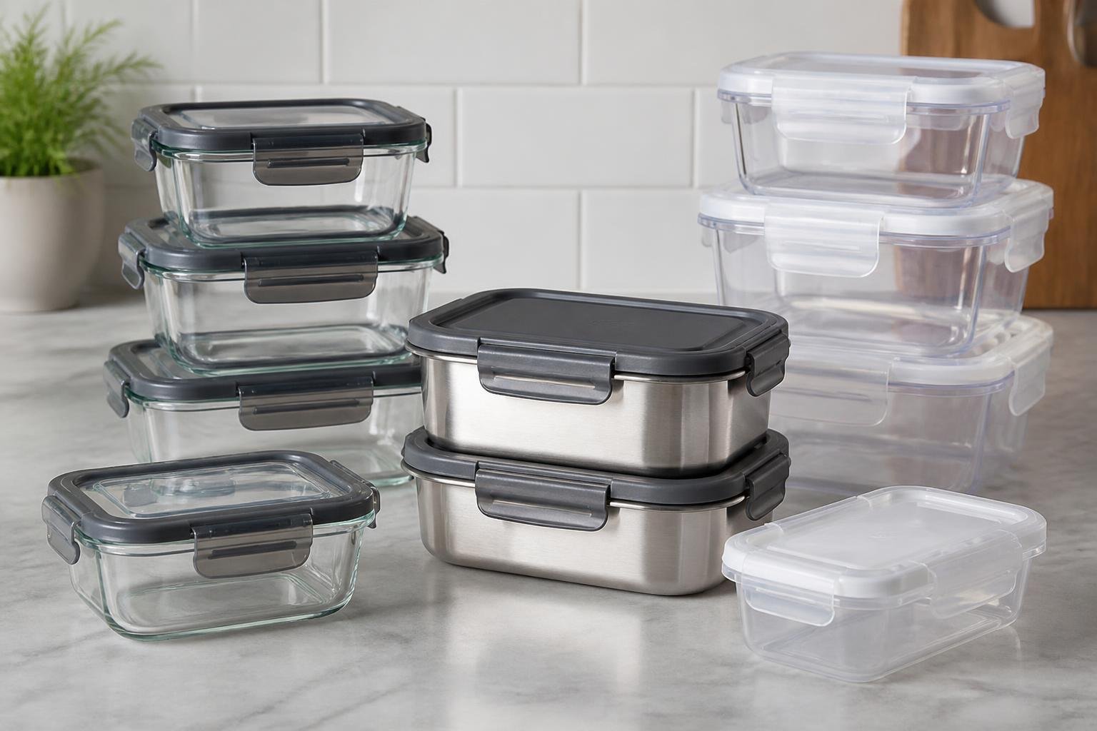 Glass, stainless steel and plastic food containers on a kitchen counter