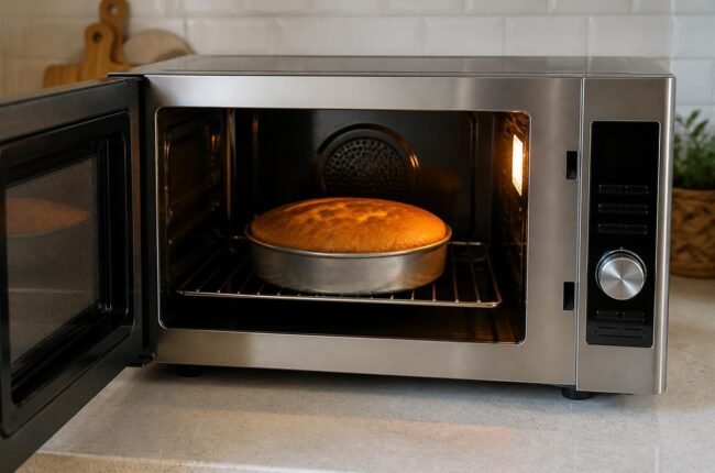 Convection microwave oven with a freshly baked cake inside