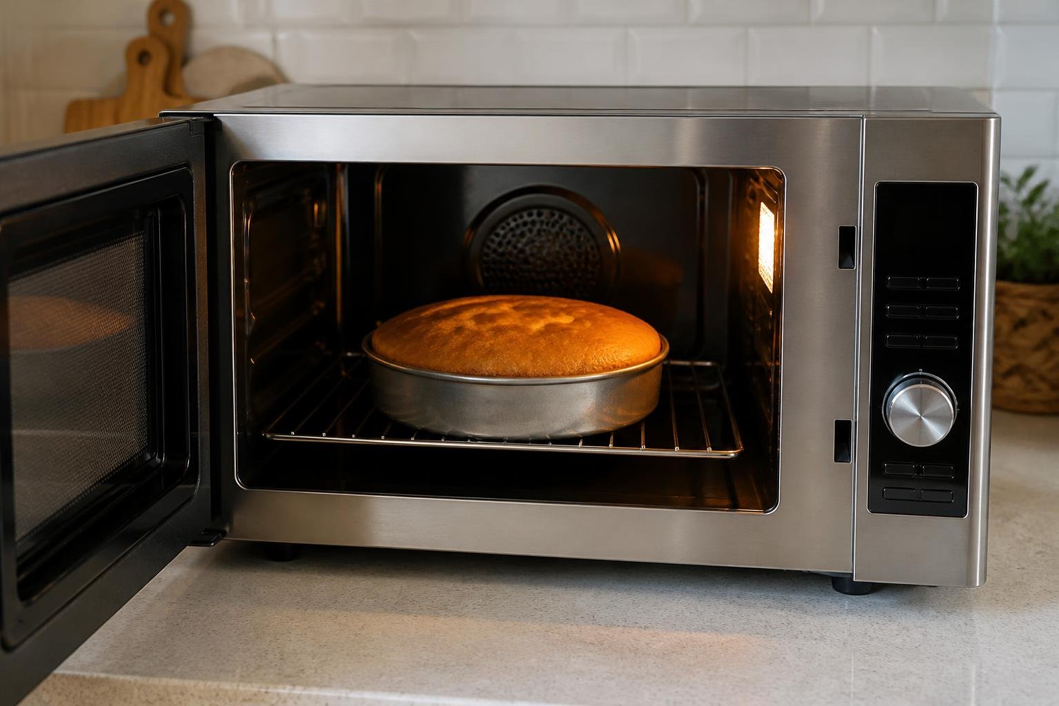 Convection microwave oven with a freshly baked cake inside