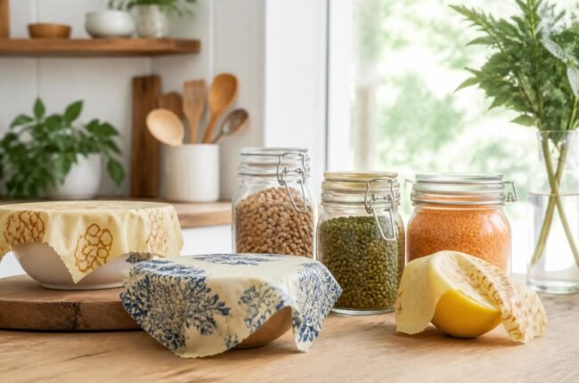 Kitchen with glass jars, beeswax wraps and wooden utensils instead of plastic